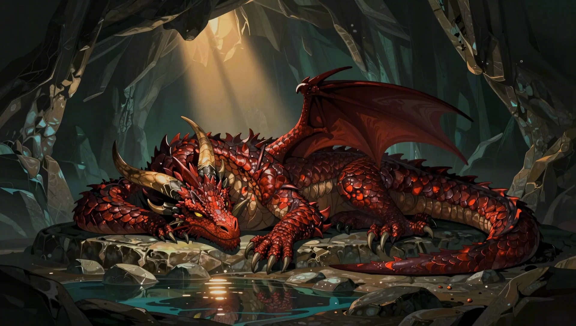 The Red Wyrm asleep in its cavern